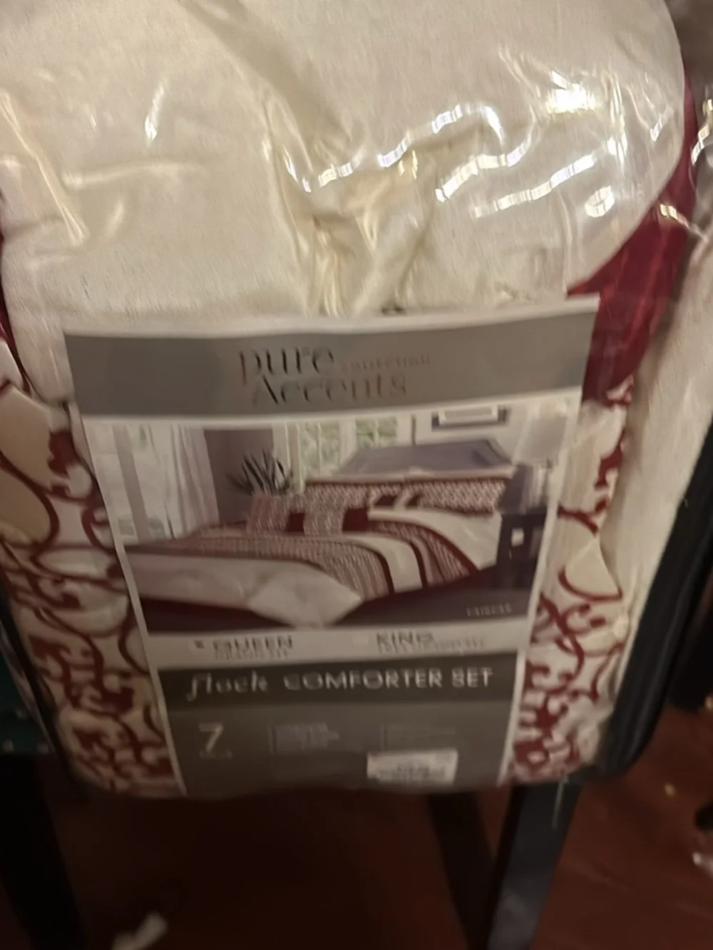 7-Piece Cream and Red Flocked Comforter Set - Home Bedding